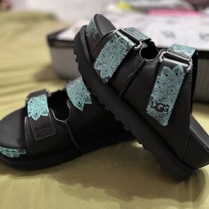 Paisley Teal UGG Platform Sandals with Silver Buckle Accents